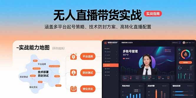 无人直播带货实战,涵盖多平台起号策略、技术防封方案、高转化直播配置