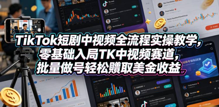 TikTok短剧中视频全流程实操教学,零基础入局TK中视频赛道,批量做号轻松賺取美金收益