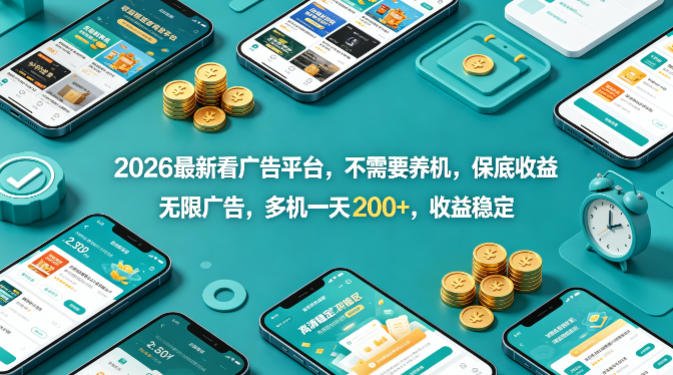 2026最新看广告平台,不需要养机,保底收益,无限广告,多机一天200+,收益稳定