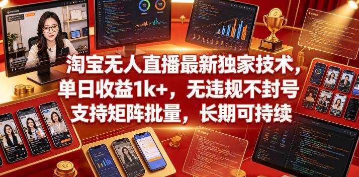 淘宝无人直播最新独家技术,单日收益1k+,无违规不封号,支持矩阵批量,长期可持续