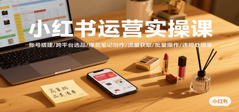 小红书运营实操课,账号搭建/跨平台选品/爆款笔记创作/流量获取/批量操作/违规处理等