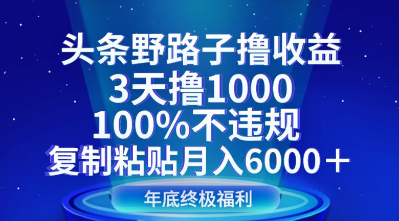 头条野路子撸收益，3天撸1000，100%不违规，复制粘贴月入6000＋(探索新的赚钱途径《头条野路子撸收益，3天撸1000，100%不违规，复制粘贴月入6000＋》)