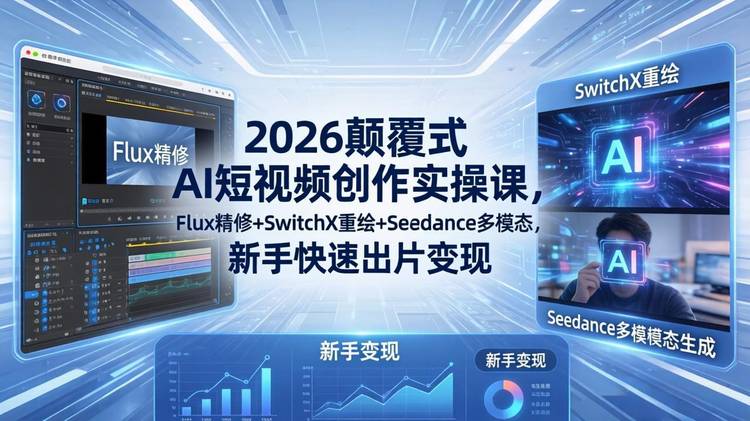 2026颠覆式 AI短视频创作课-5月更新，Flux精修+SwitchX重绘+Seedance多模态，新手快速出片变现