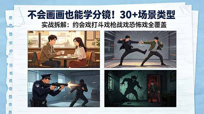 不会画画也能学分镜！30+场景类型实战拆解：约会戏打斗戏枪战戏恐怖戏全覆盖