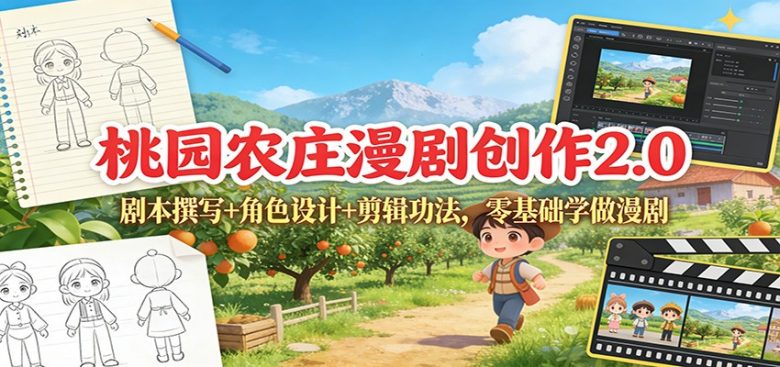 桃园农庄漫剧创作2.0:剧本撰写+角色设计+剪辑功法,零基础学做漫剧
