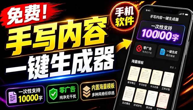 超逼真手写字体一键生成器，纯免费离线运行，一次性支持10000字，零广告，内置海量模板