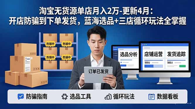 淘宝无货源单店月入2万-更新4月:开店防骗到下单发货,蓝海选品+三店循环玩法全掌握