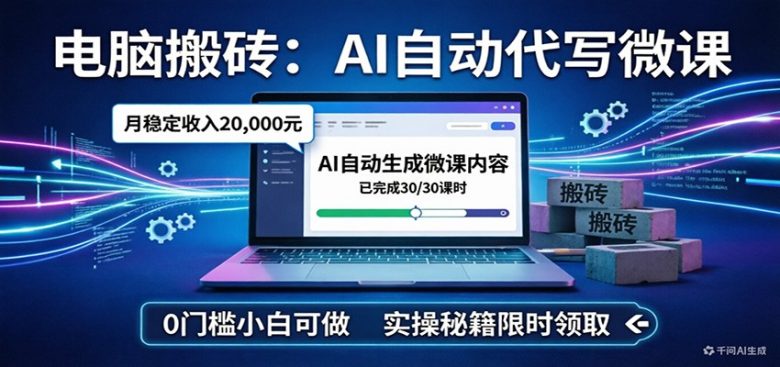 电脑搬砖AI自动代写微课,月稳定2W,0门槛小白可做,实操秘籍