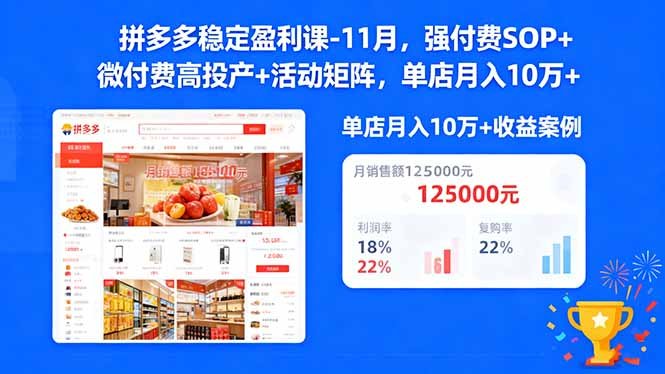 拼多多稳定盈利课-11月,强付费SOP+微付费高投产+活动矩阵,单店月入10w+
