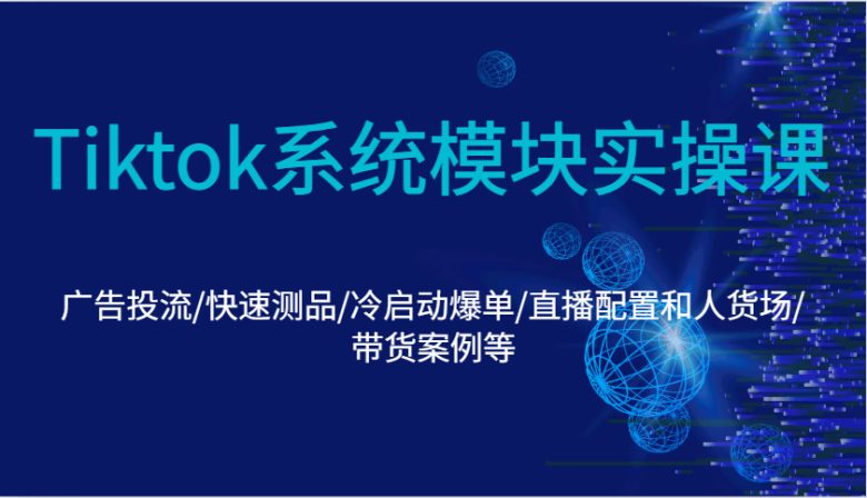 Tiktok系统模块实操课:广告投流/快速测品/冷启动爆单/直播配置和人货场/带货案例等
