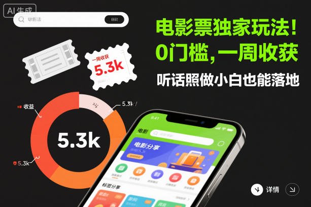 电影票独家玩法!0门槛,一周收获5.3k,听话照做小白也能落地