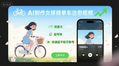 AI制作女孩骑单车治愈视频,流量大,起号快,快速起千粉万粉号