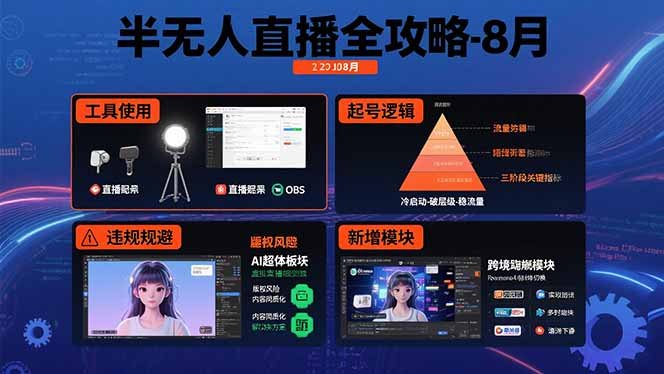 半无人直播全攻略-8月:工具使用+起号逻辑+违规规避,新增AI超体与跨境模块