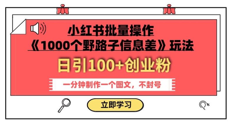小红书批量操作《1000个野路子信息差》玩法，一分钟制作一个图文，不封号，日引100+创业粉(《1000个野路子信息差》小红书批量操作指南)