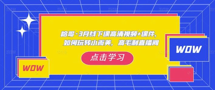 哈哥·3月线下实操课高清视频+课件，如何玩转小而美，高毛利直播间(哈哥线下实操课深度解析直播间运营策略文章摘要本文主要介绍了哈哥的3月线下实操课程，该课程以实操为主，涵盖了如何玩转小而美、高毛利直播间的各个方面。课程内容包括循环脚本的搭建、塑品逼单的方法、0粉起号前的准备工作、自然流量起号稳号核心千川的介入方式等。哈哥团队还分享了带货的核心话术框架和转化率拉爆的核心方法。此外，课程还详细讲解了千川实操、付费团队的组织构架、付费如何拉爆自然流量等内容。课程以实操为主，哈哥可在现场教大家找类目词，也可以现场搭建计划，将会把我们自己的实操案例拆解和我们的项目进行拆解。)