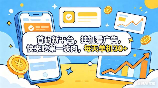 首码新平台，挂G自动看广告，快来吃第一波肉，每天单机30+，可矩阵放大