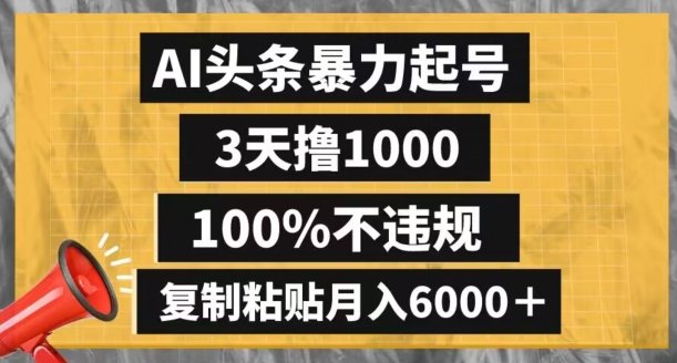 AI头条暴力起号，3天撸1000,100%不违规，复制粘贴月入6000＋【揭秘】(揭秘AI头条暴力起号简单操作月入6000＋)