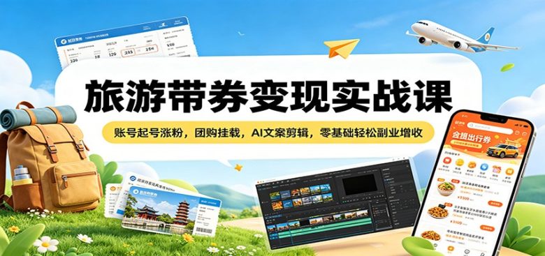 旅游带券变现实战课:账号起号涨粉,团购挂载,AI文案剪辑,零基础轻松副业增收