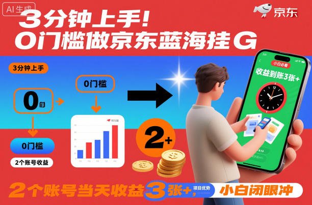 3分钟上手!0门槛做京东蓝海全自动掘金,2个账号当天收益3张+,小白闭眼冲