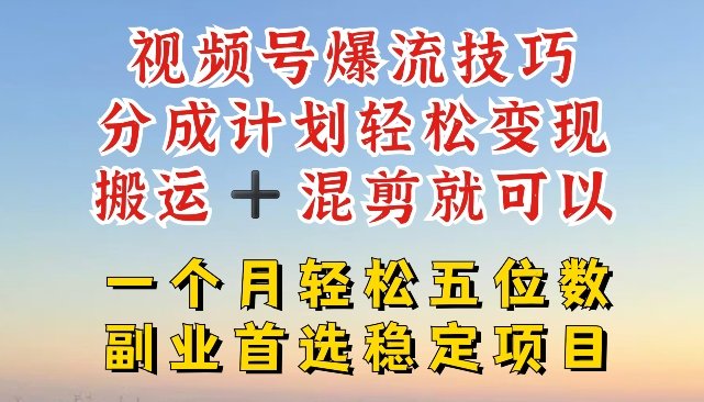 视频号爆流技巧，分成计划轻松变现，搬运 +混剪就可以，一个月轻松五位数稳定项目