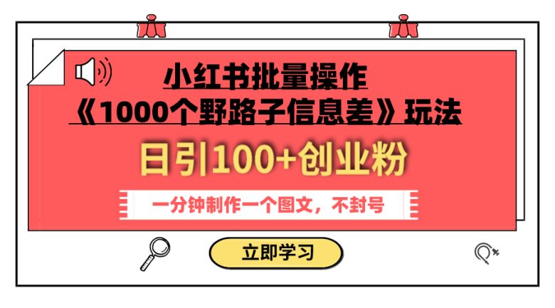 小红书批量操作《1000个野路子信息差》玩法 日引100+创业粉 一分钟一个图文(《1000个野路子信息差》小红书批量操作教程日引100+创业粉,一分钟一个图文)