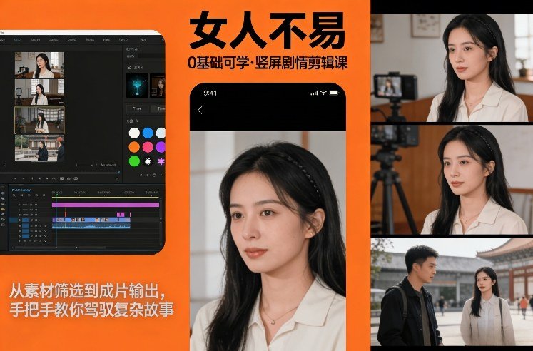 0基础可学!《女人不易》竖屏剧情剪辑课,从素材筛选到成片输出,手把手教你驾驭复杂故事