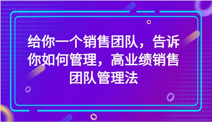 给你一个销售团队，告诉你如何管理，高业绩销售团队管理法（89节课）(“高业绩销售团队管理法”打造高效销售团队的秘诀)