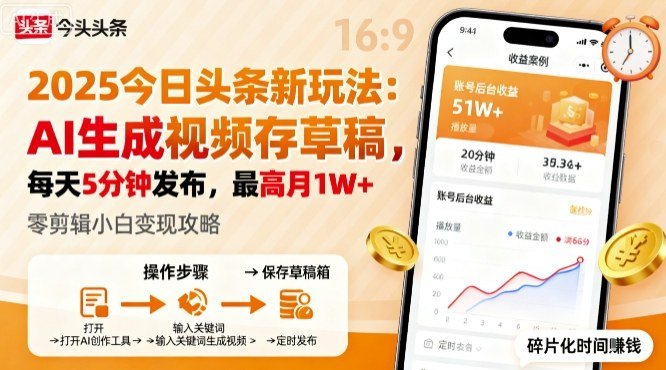 2025年今日头条躺賺新玩法,AI生成视频存草稿,每天5分钟发布,最高月1W+