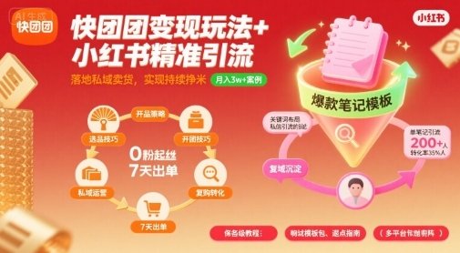 快团团变现玩法+小红书精准引流技巧,助你真正落地私域卖货,实现持续挣米