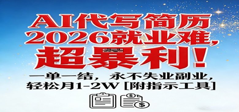 AI代写简历，2026就业难，超暴利！一单一结，永不失业副业，轻松月1-2W【附指令工具】