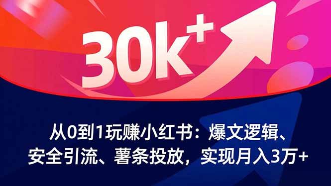 从0到1玩赚小红书:爆文逻辑、安全引流、薯条投放,实现月入3万+