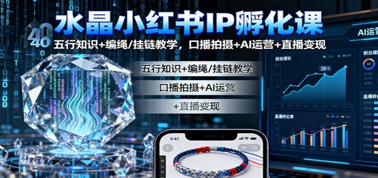 水晶小红书IP孵化课:五行知识+编绳/挂链教学,口播拍摄+AI运营+直播变现