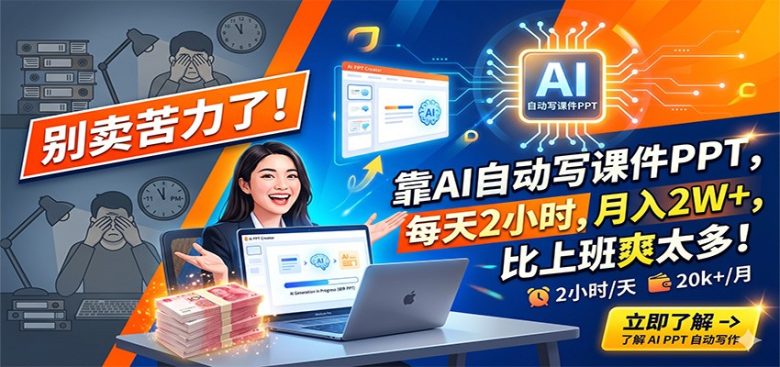 别卖苦力了!靠AI自动写课件PPT,每天2小时,月入2W+,比上班爽太多!