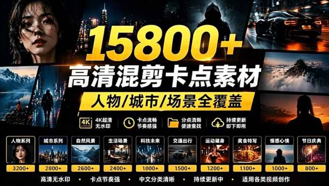 【影视剪辑素材合集】15800+高清混剪卡点｜热门影视精彩片段｜人物/城市/场景全覆盖，中文分类清晰