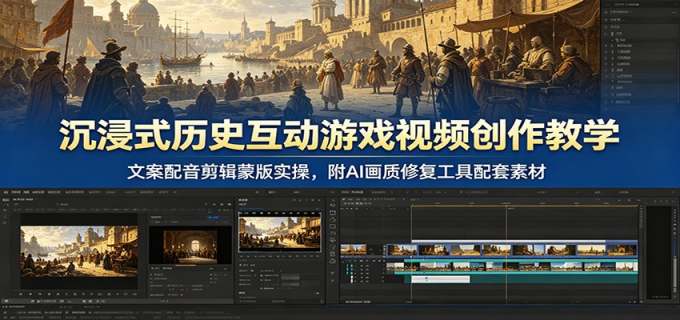 沉浸式历史互动游戏视频创作教学：文案配音剪辑蒙版实操，附AI画质修复工具配套素材