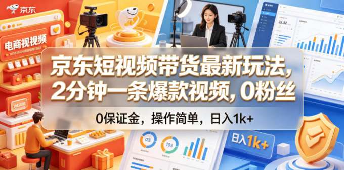 京东短视频带货最新玩法,2分钟一条爆款视频,0粉丝,0保证金,操作简单,日入1k+