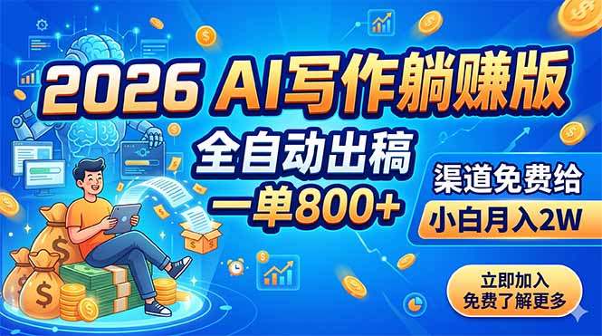 2026 AI写作躺赚版：全自动出稿，一单800+，渠道免费给，小白月入2W