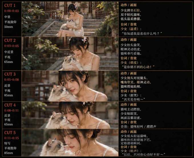 美女和猫故事提示词，人物一致性提示词+故事板