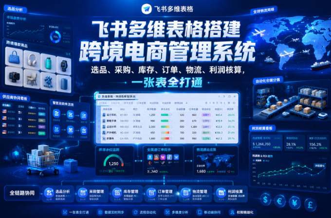 飞书多维表格搭建跨境电商管理系统,选品、采购、库存、订单、物流、利润核算,一张表全打通