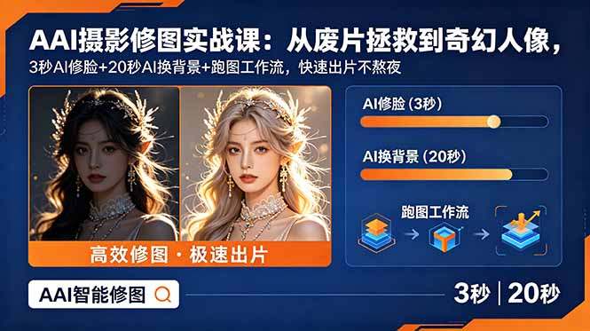 AI摄影修图实战课：从废片拯救 到 奇幻人像，3秒AI修脸+20秒AI换背景+跑图工作流，快速出片不熬夜