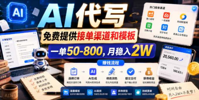 AI代写，免费提供接单渠道和模板，一单50-800，月稳入2W