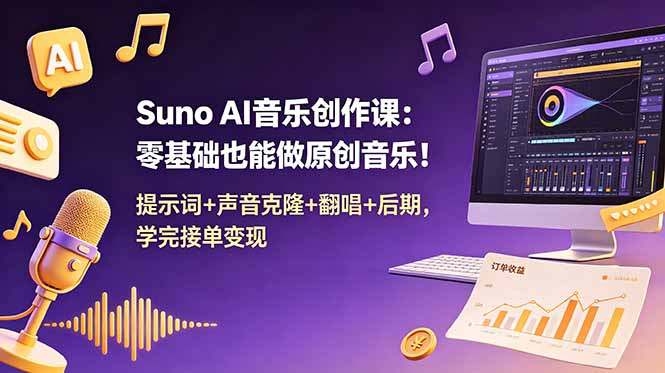Suno AI音乐创作课：零基础也能做原创音乐！提示词+声音克隆+翻唱+后期，学完接单变现