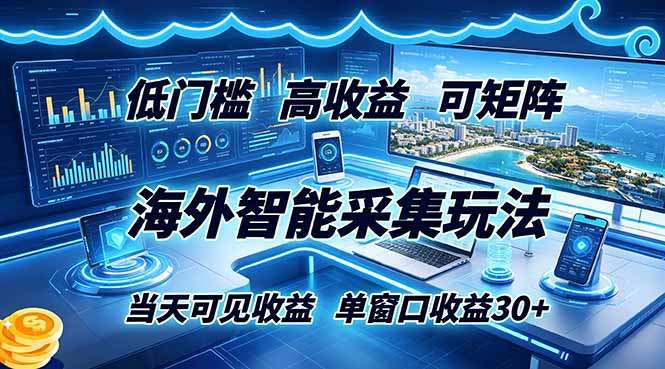 海外智能采集玩法，低门槛高单价可矩阵，当天可见收益，单窗口30+