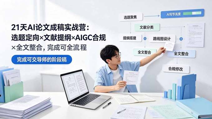 21天AI论文成稿实战营：选题定向×文献提纲×AIGC合规×全文整合，完成可交导师的阶段稿