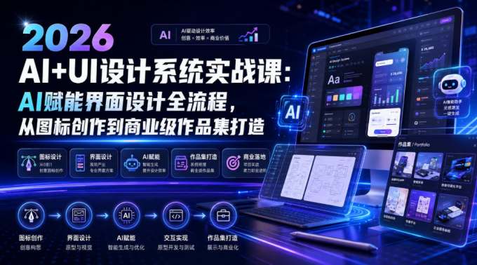 2026 AI+UI设计系统实战课：AI赋能界面设计全流程，从图标创作到商业级作品集打造