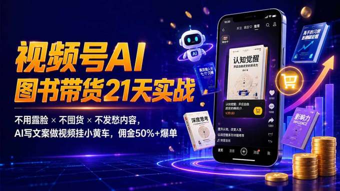 繁花视频号AI图书带货21天实战:不用露脸×不囤货×不发愁内容,AI写文案做视频挂小黄车,佣金50%+爆单