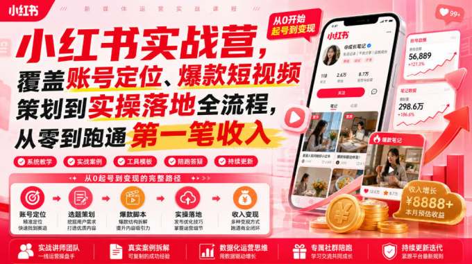 小红书实战营，覆盖账号定位、爆款短视频策划到实操落地全流程，从零到跑通第一笔收入