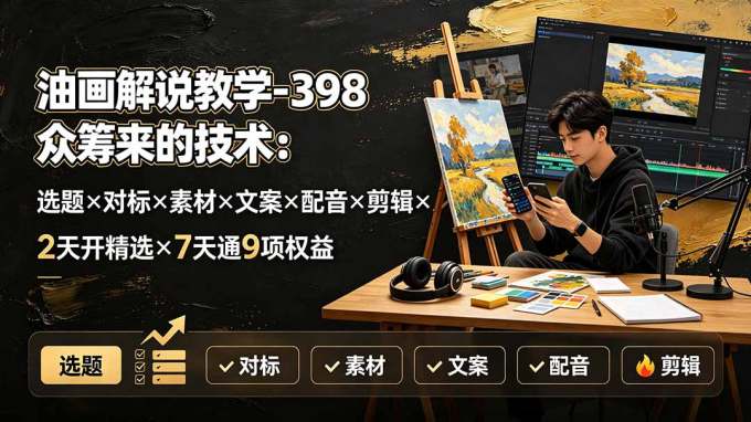 油画解说教学-398众筹来的技术-刯新:选题×对标×素材×文案×配音×剪辑×2天开精选×7天通9项权益