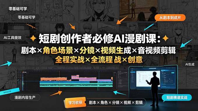 短剧创作者必修AI漫剧课:剧本×角色场景×分镜×视频生成×音视频剪辑×全流程实战×创意短片拆解