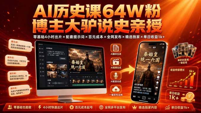 AI历史课64W粉博主大驴说史亲授:零基础4小时出片×配套提示词×百元成本×全网发布×精选独家×单日收益1k+